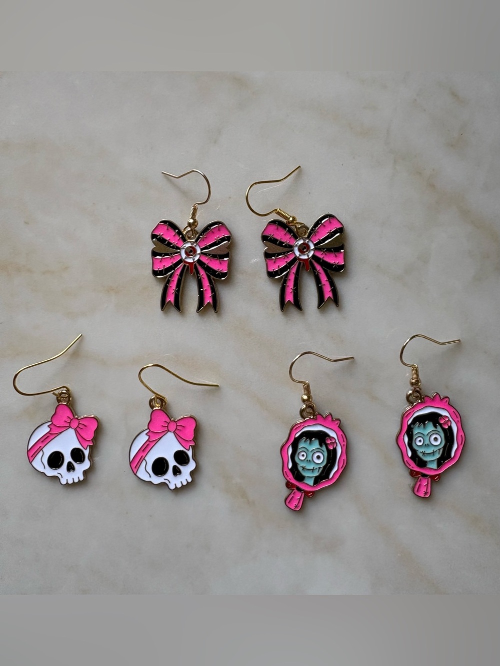 Halloween Pink Bow Dangle Earrings - Cute Gothic Skull & Mirror Set - 3 Pairs